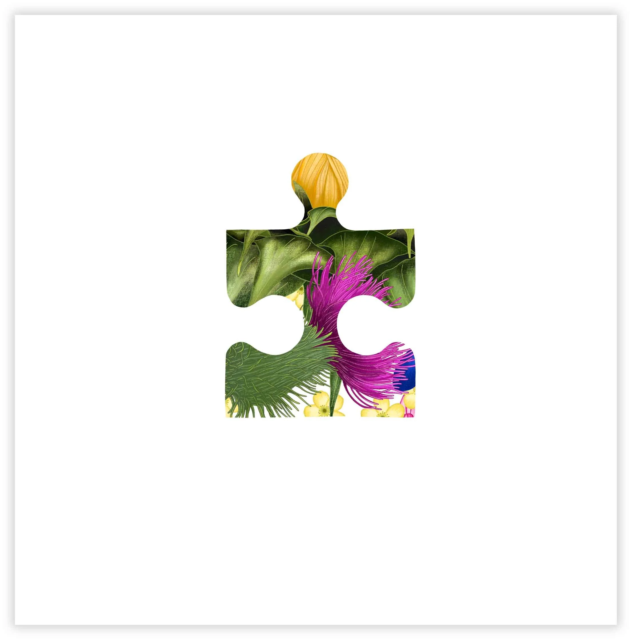 Puzzle piece with botanical design featuring various green leaves and a yellow flower at the top, purple flowers at the bottom, and some yellow berries.
