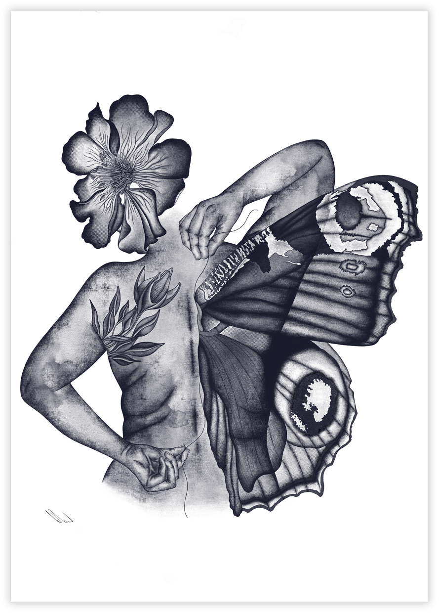 Black and white illustration of a person with a flower and butterfly elements integrated into the body, with the person's face replaced by a large flower and butterfly wings covering the arms and torso.
