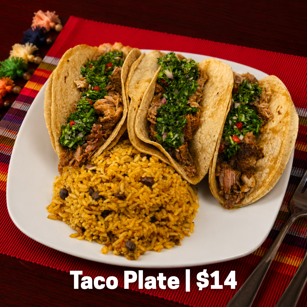 Pork or chicken tacos topped with chimichurri. Served with arroz con gandules or arroz blanco con habichuelas.