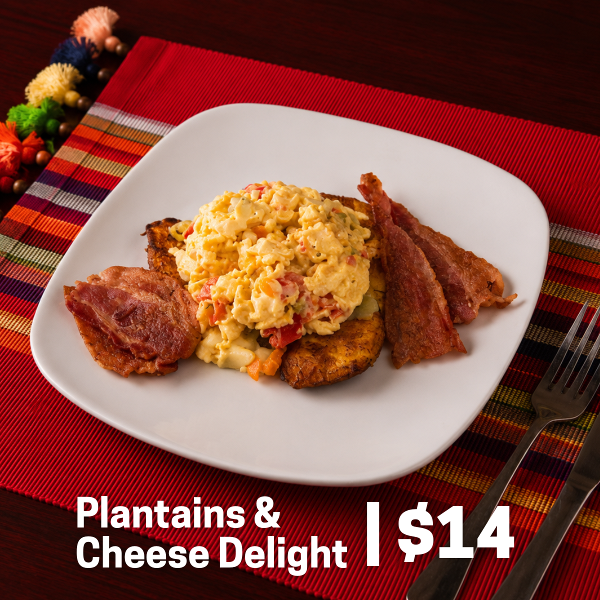 Scrambled eggs with sweet peppers, onions, and fried plantains, all topped with Puerto Rican style homemade cheese sauce. Your choice of protein: bacon, ham, spam, or sausage patty.