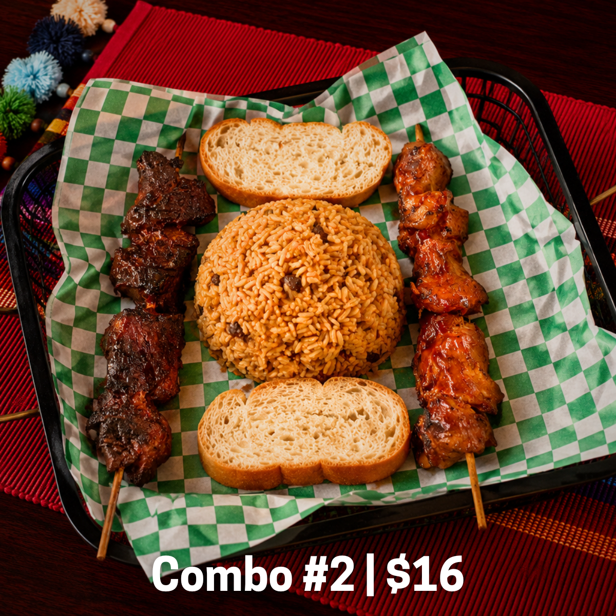 2 skewers of your choice, served with arroz con gandules. 