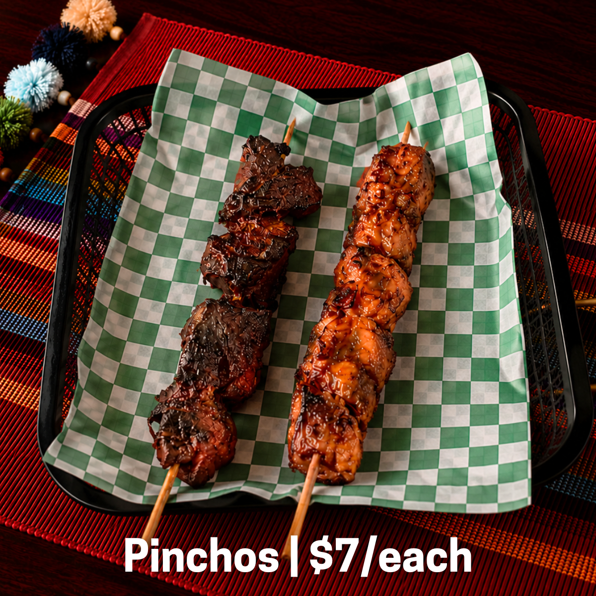 Puerto Rican style skewers. Your choice of pork or chicken. 