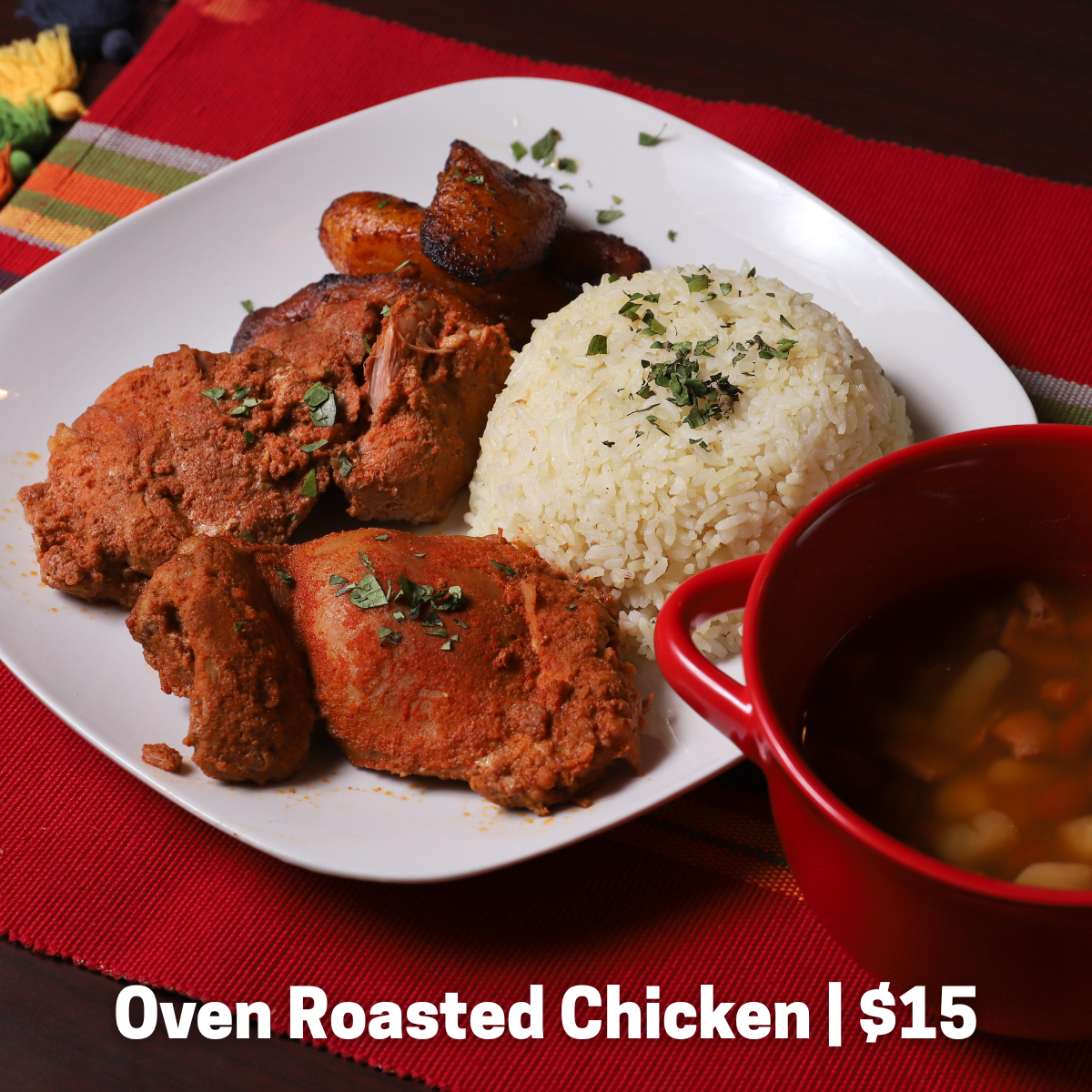 Served with arroz con gandules (Puerto Rican rice) or arroz blanco con habichuelas (white rice with beans).