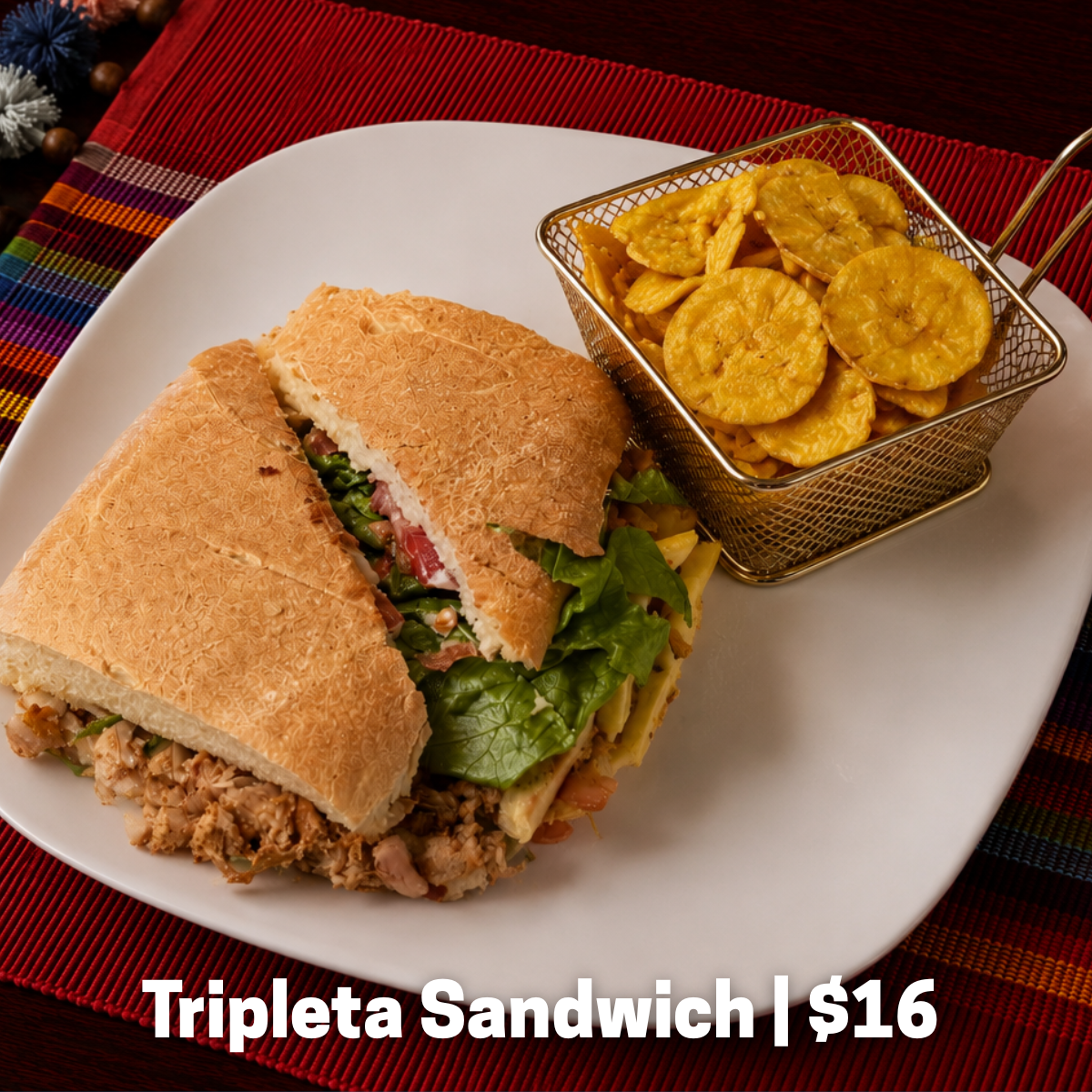 Oven roasted pork, chicken, ham, cheese, potato stix, mayoketchup, lettuce, and tomato on a pressed French loaf. Served with plantain chips.