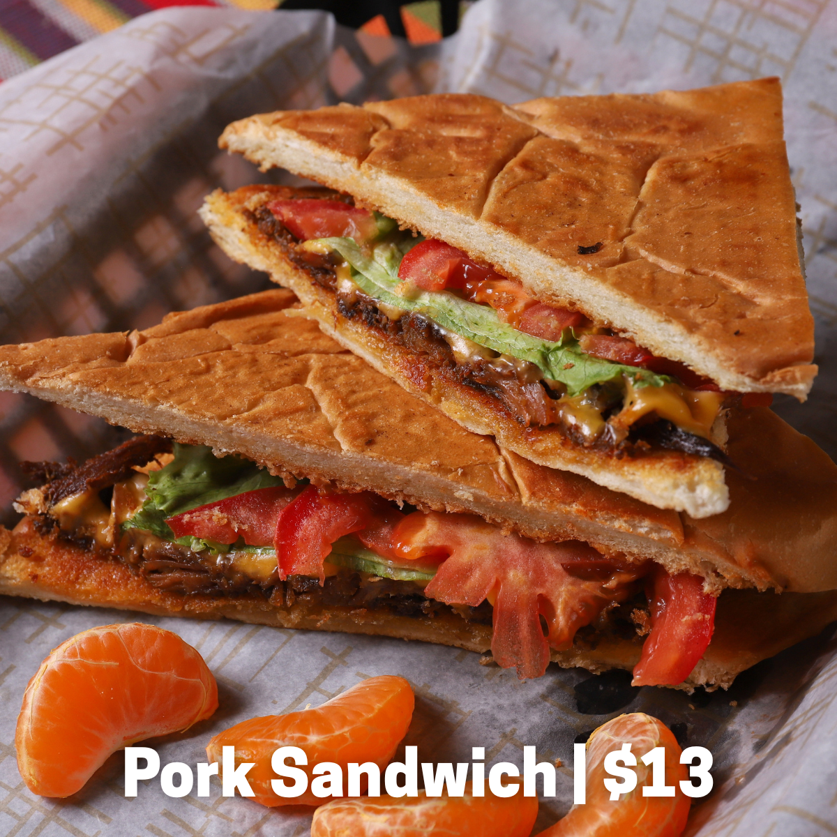 Pork, cheese, lettuce, tomato, and mayoketchup.