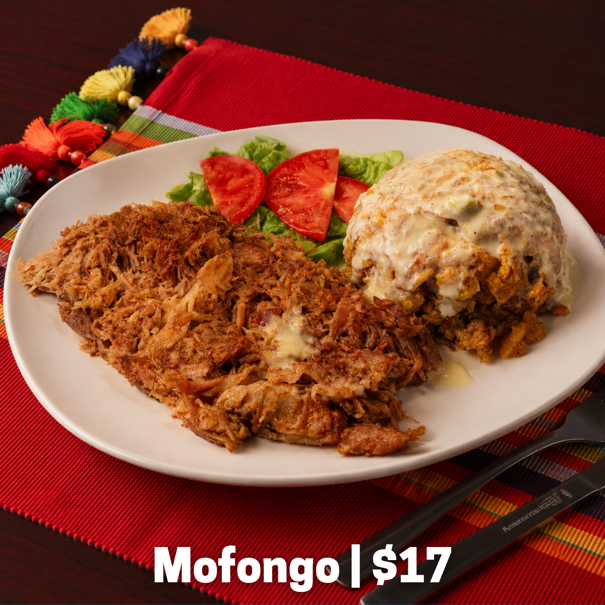 Fried plantains smashed with garlic, fried pork skin, butter, and seasonings, topped with rich Puerto Rican style cheese sauce. Served with lettuce and tomato garnish and your choice of oven-roasted chicken or pork.
