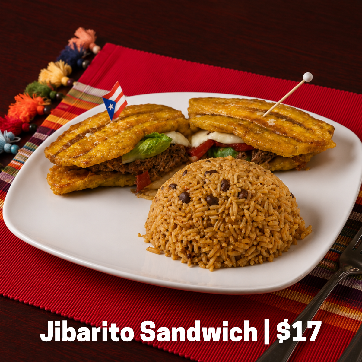 A Puerto Rican classic made with crispy plantains instead of bread, filled with pork or chicken, lettuce, tomato, cheese, garlic mojo, and mayoketchup.
