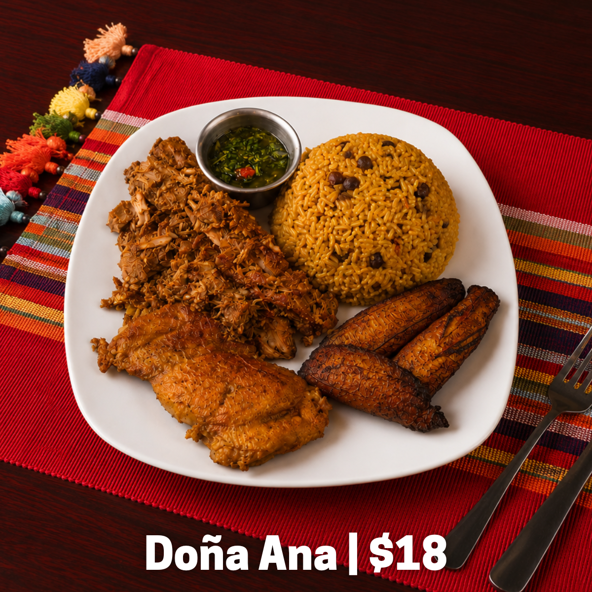 Oven roasted pork and chicken served with arroz con gandules, sweet plantains, and a side of chimichurri.