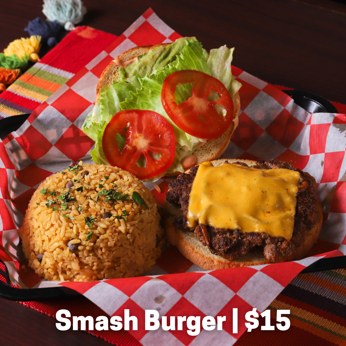 1/3 lb burger with lettuce, tomato, onion, mayoketchup, cheese, and your choice of side.