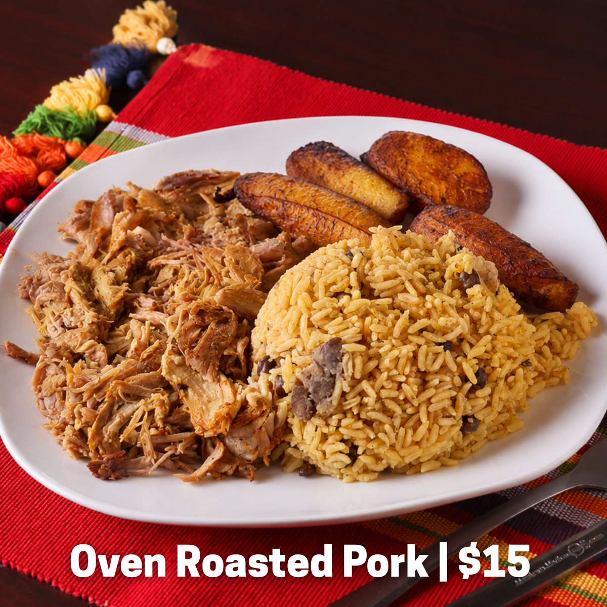 Served with arroz con gandules (Puerto Rican rice) or arroz blanco con habichuelas (white rice with beans).