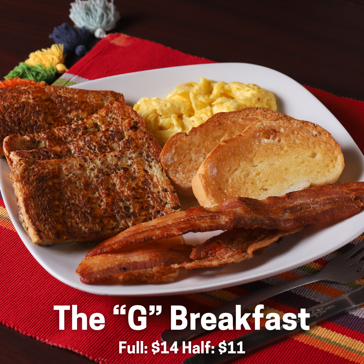 2 pancakes or 2 French toast, 2 eggs your way, toast, and your choice of protein: bacon, ham, spam, or sausage patty.