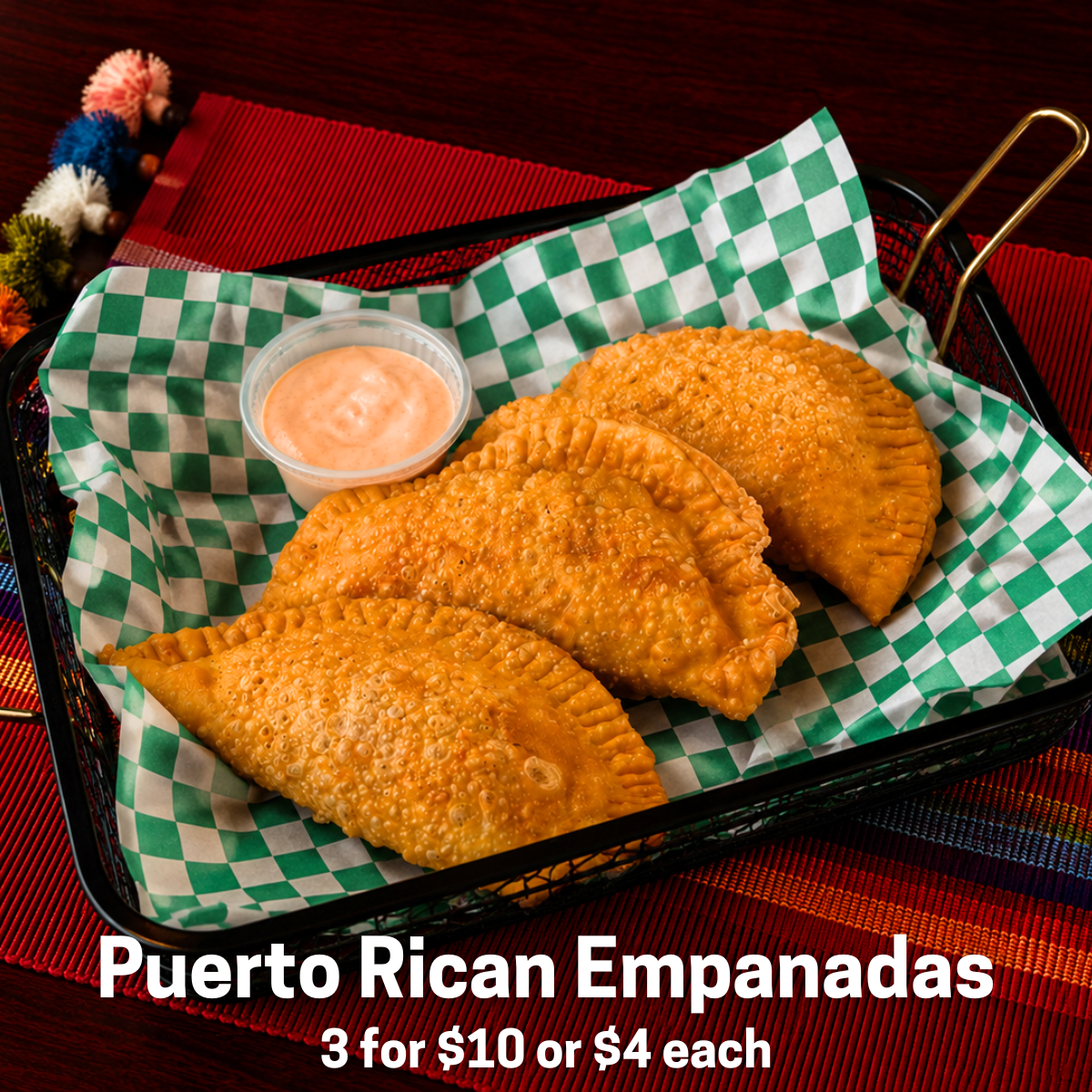 Your choice of savory beef, chicken, beef & cheese, or pork.