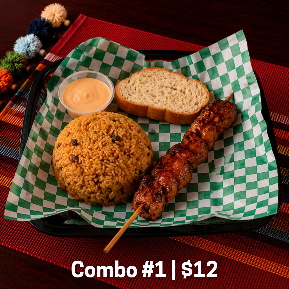 1 skewer of your choice, served with arroz con gandules. 