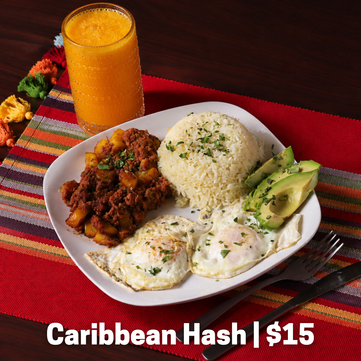 Corned beef hash mixed with sweet plantains, white rice, 2 eggs your way, and a side of avocado.