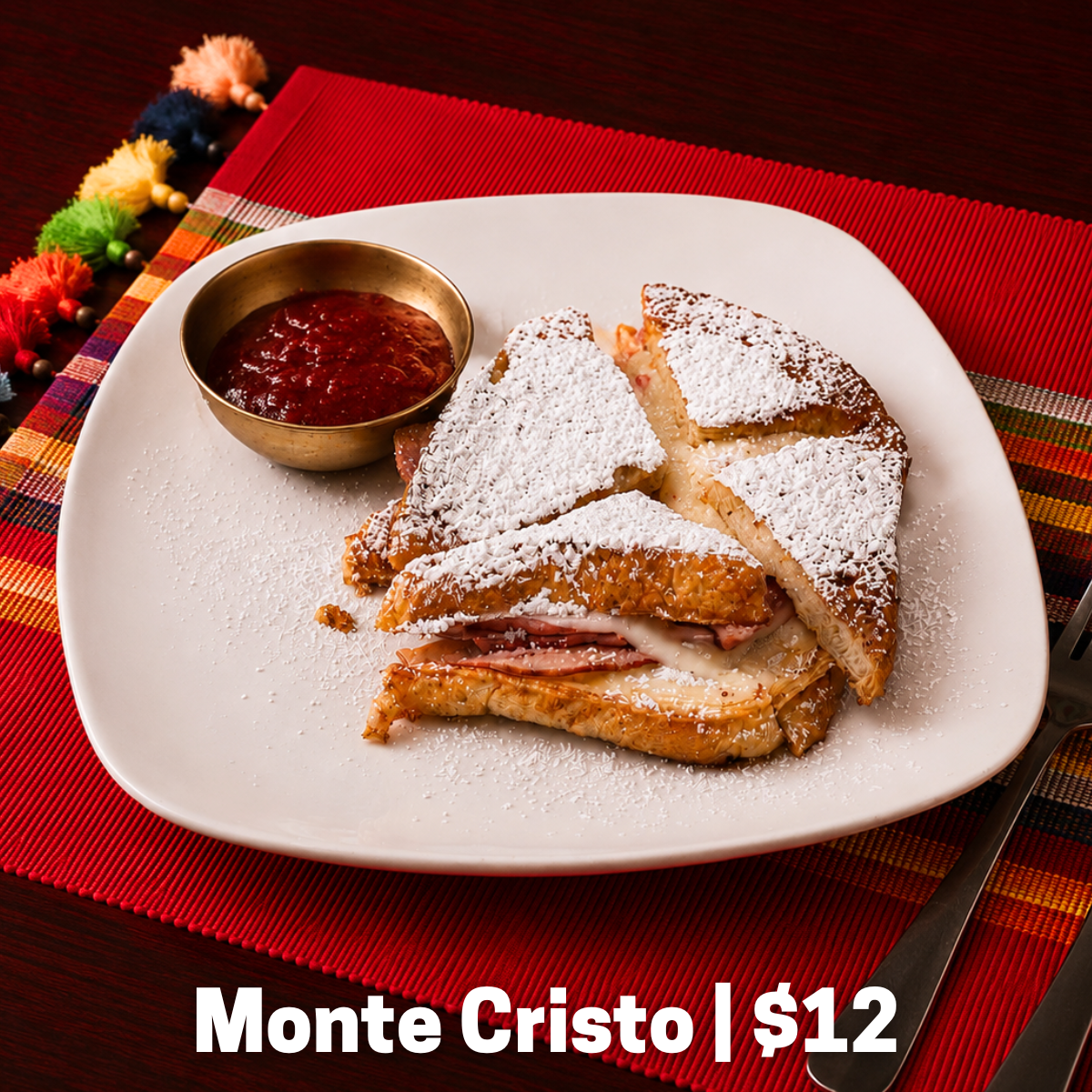 Ham, turkey, and Swiss cheese grilled inside French toast batter, topped with powdered sugar and served with a warm strawberry dipping sauce.