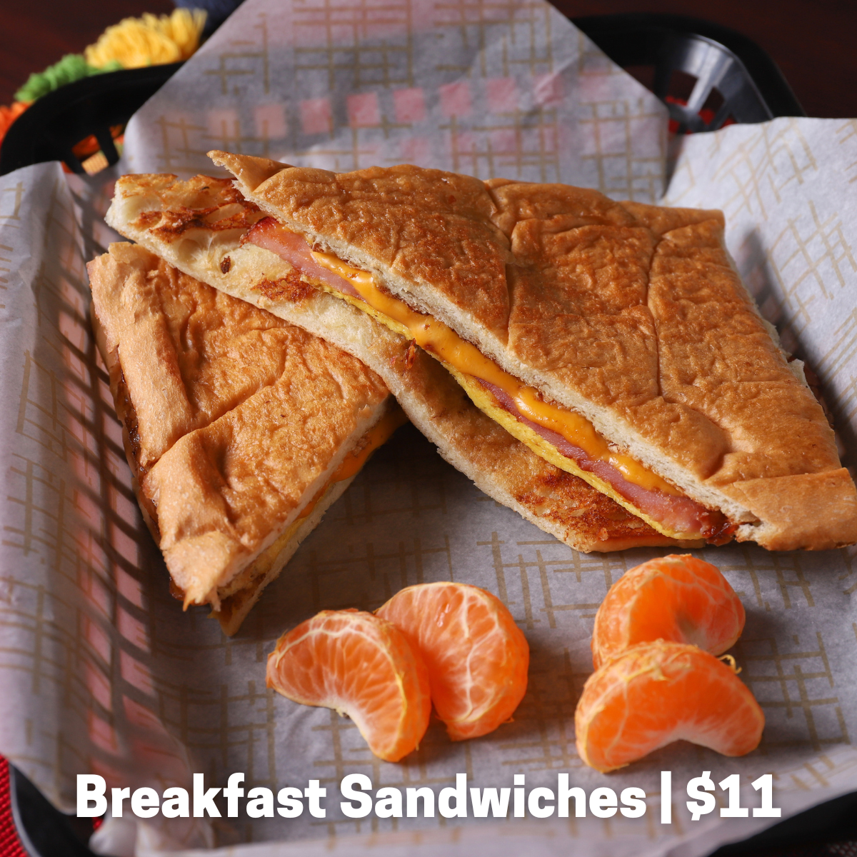 Hot pressed sandwich on a French loaf with egg and cheese, plus your choice of bacon, sausage, ham, or spam.