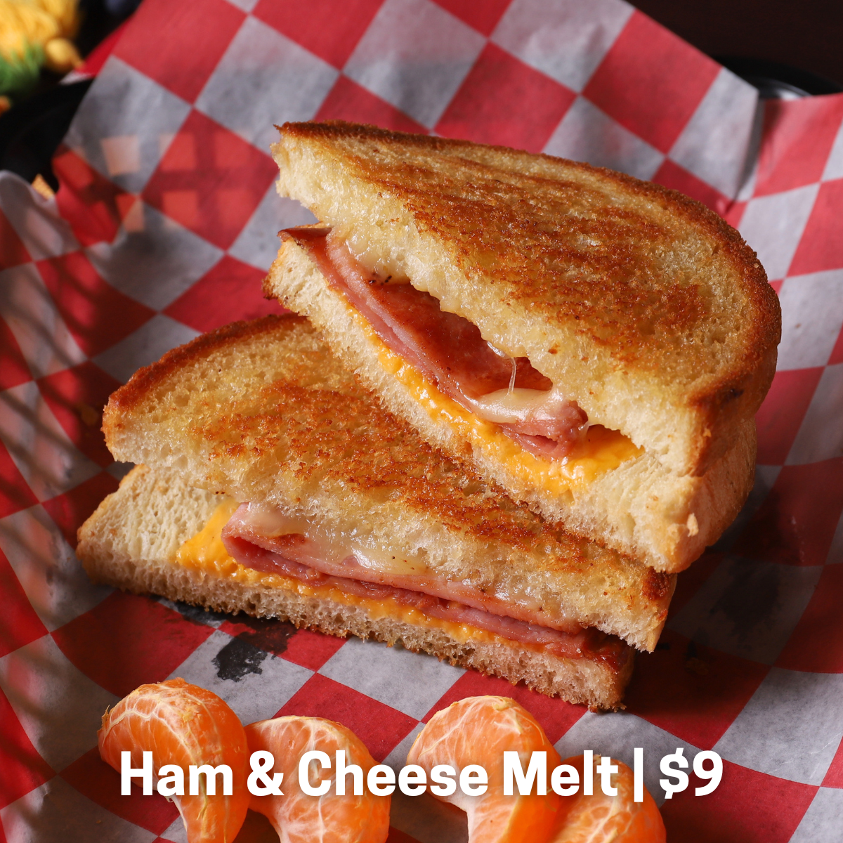 Colby jack and pepper jack cheese melted with ham on a round English muffin. (Add an egg for $1.50)