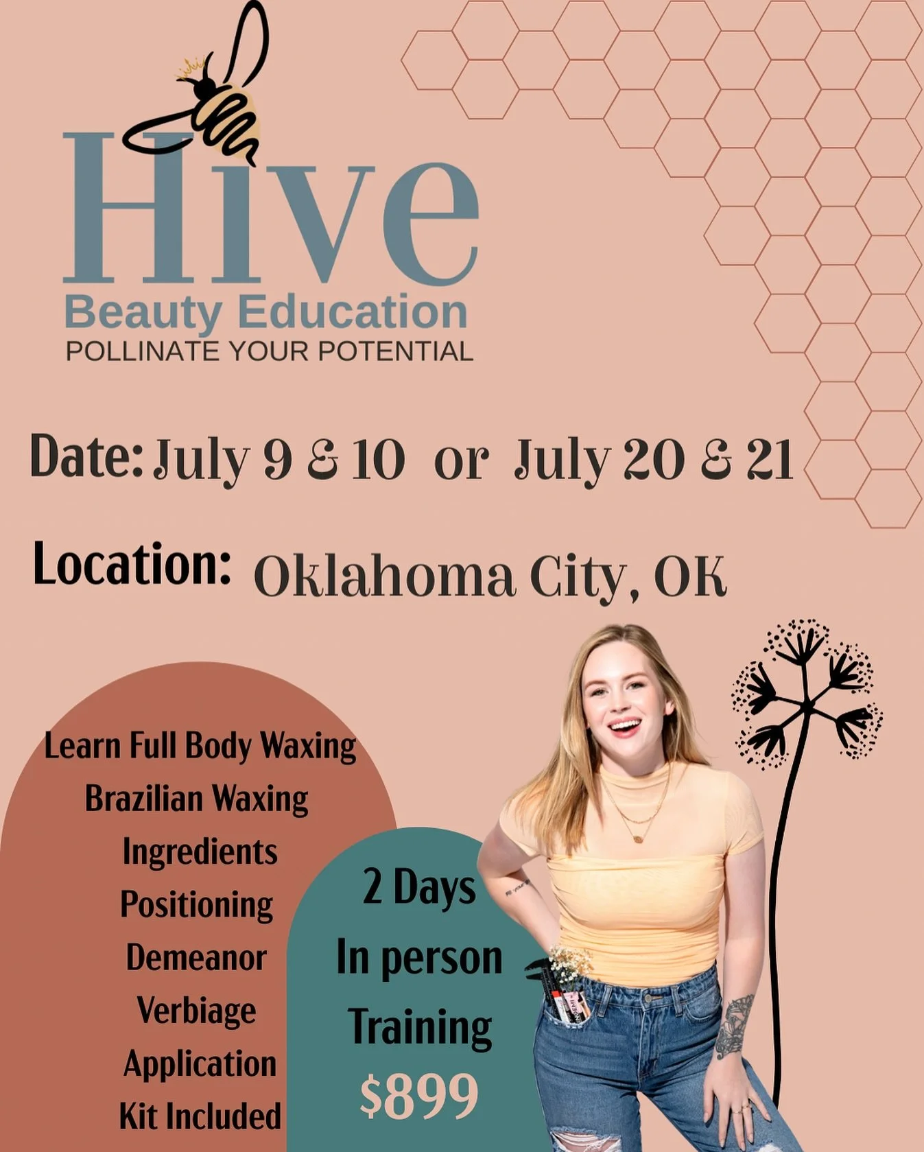 Want to level up your waxing game? 🐝 Join me for Hive Beauty Education&rsquo;s 2-day in-person training in OKC!
📍 Oklahoma City, OK
📅 Choose your dates: July 9&ndash;10 or July 20&ndash;21
✨ Learn full body &amp; Brazilian waxing, product knowledg