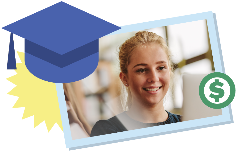 A young woman with blonde hair smiling while looking at her computer screen in a bright room.
