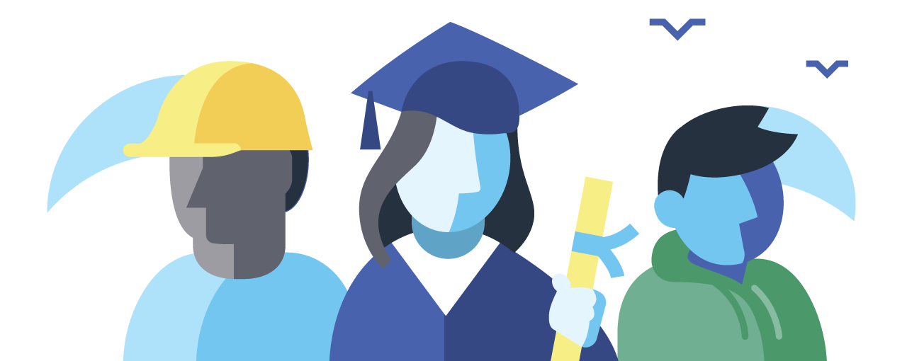 Illustration of three graduates in caps and gowns celebrating, with one holding a diploma.