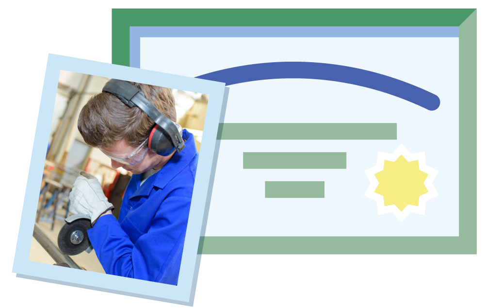 A person working with tools in a workshop, wearing safety goggles, gloves, and hearing protection.