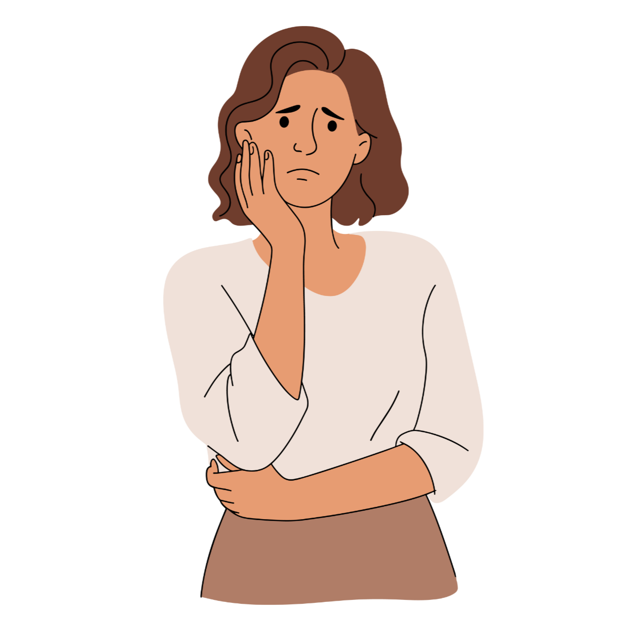 A woman with brown wavy hair holding her face with a worried expression, wearing a beige top and brown skirt.