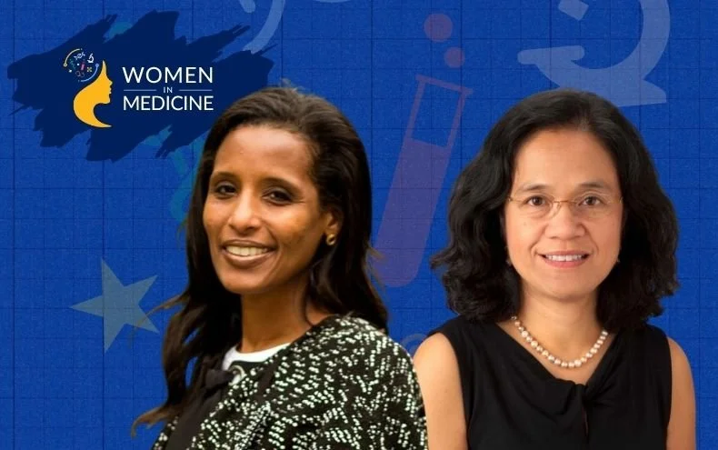 Dr. BIrru Talabi is pictured with the other award recipient, Dr. Flordeliza Villanueva. Both women have long, darn hair and are wearing professional blouses. 