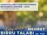 Blurred background of trees and sunlight. Texts says "congratulations Mehret Birru Talabi, MD, PHD. Above is texts listing the research award title.