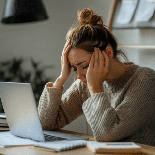 Woman stressed, sitting at a desk, holding her head