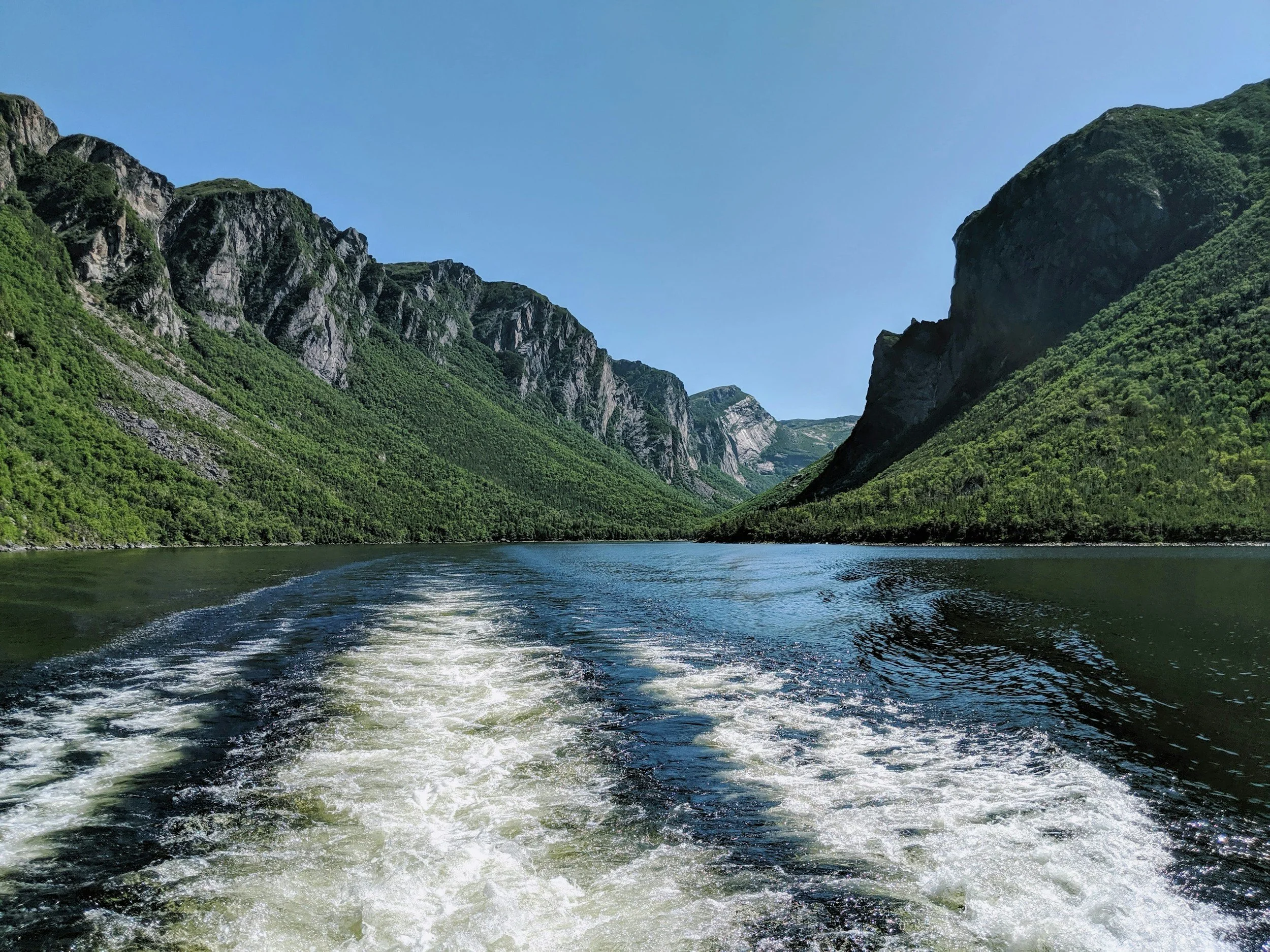 View of a river flowing through lush green mountains with cliffs, under a clear blue sky.