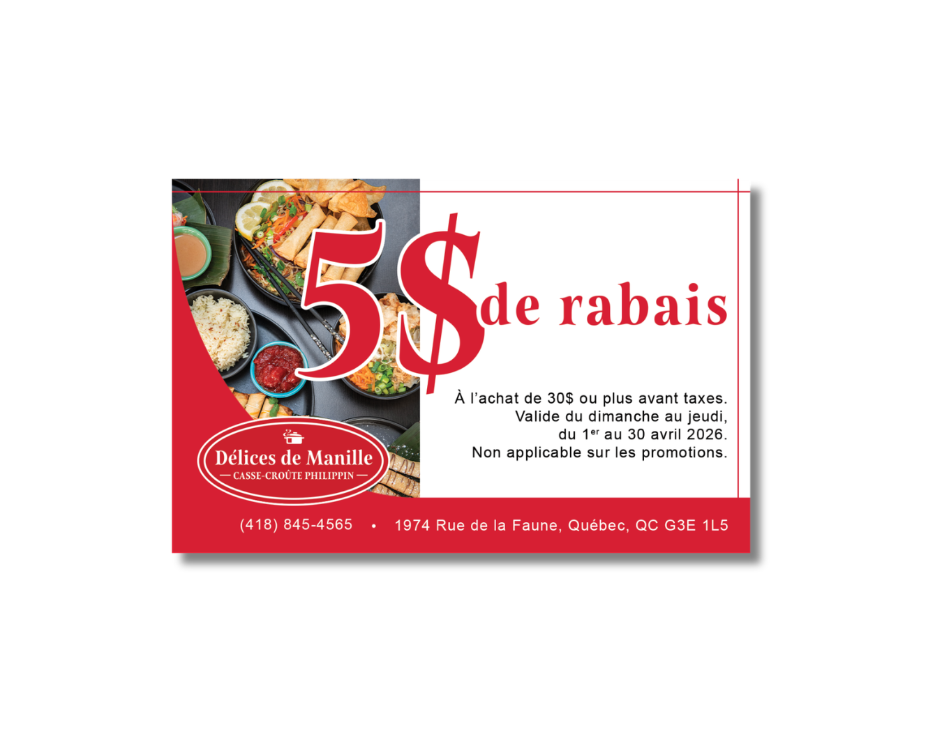 Design d'un coupon rabais pour les Délices de Manille