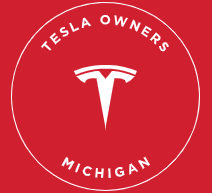 Red circular logo with a white Tesla T symbol in the center, and the words 'Tesla Owners Michigan' around the edge.