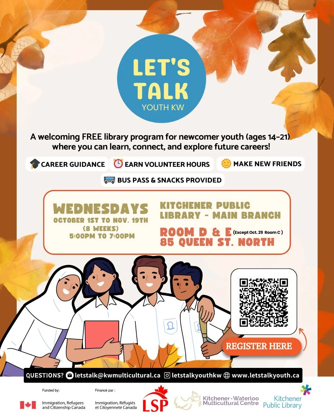 🍂 Let’s Talk Fall 2025 is Here! 🎉
Looking for a fun program that focuses on career guidance, pathways, and learning—all while making new friends? Our 8-week Let’s Talk program is perfect for you!
📅 Starts: October 1
📍 Location
