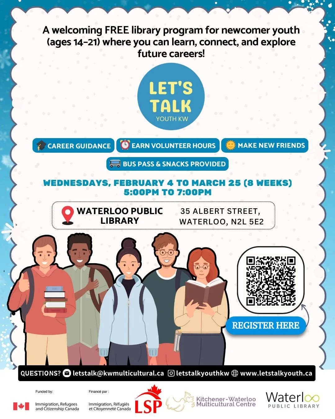 Let&rsquo;s Talk is BACK in Waterloo ❄️🗣️

Starting in 2 weeks at Waterloo Public Library!

🗓 Wednesdays, Feb 4&ndash;Mar 25
⏰ 5:00&ndash;7:00 PM
Free 8-week program for youth 14&ndash;21: careers, community, food, bus tickets + volunteer hours.

M