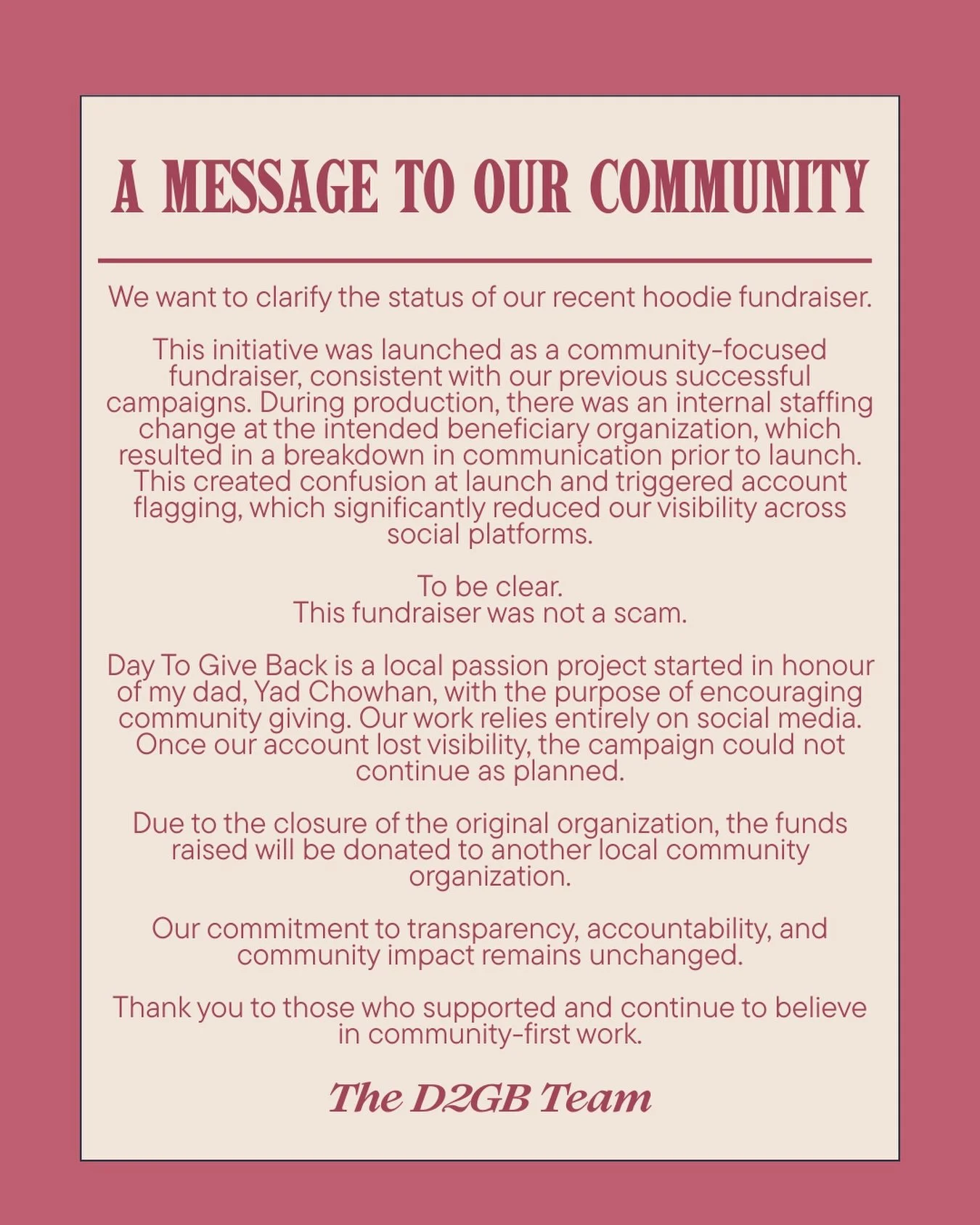 A brief community update for clarity and transparency. Thank you to everyone who has supported and reached out with care.