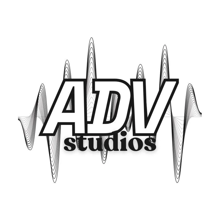 Logo for ADV Studios with sound wave design in the background.