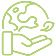 Graphic of a hand holding a globe with a green leaf.