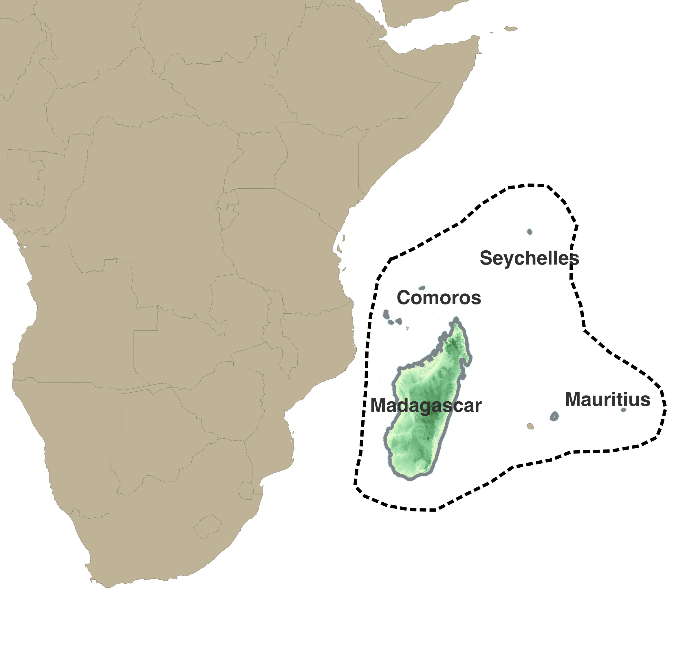 A map showing the location of Madagascar and Indian Oceans hotspot, including Comoros, Madagascar, Mauritius, and Seychelles