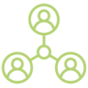 Graphic showing interconnected nodes representing a network or social connections, with user icons enclosed in circles.