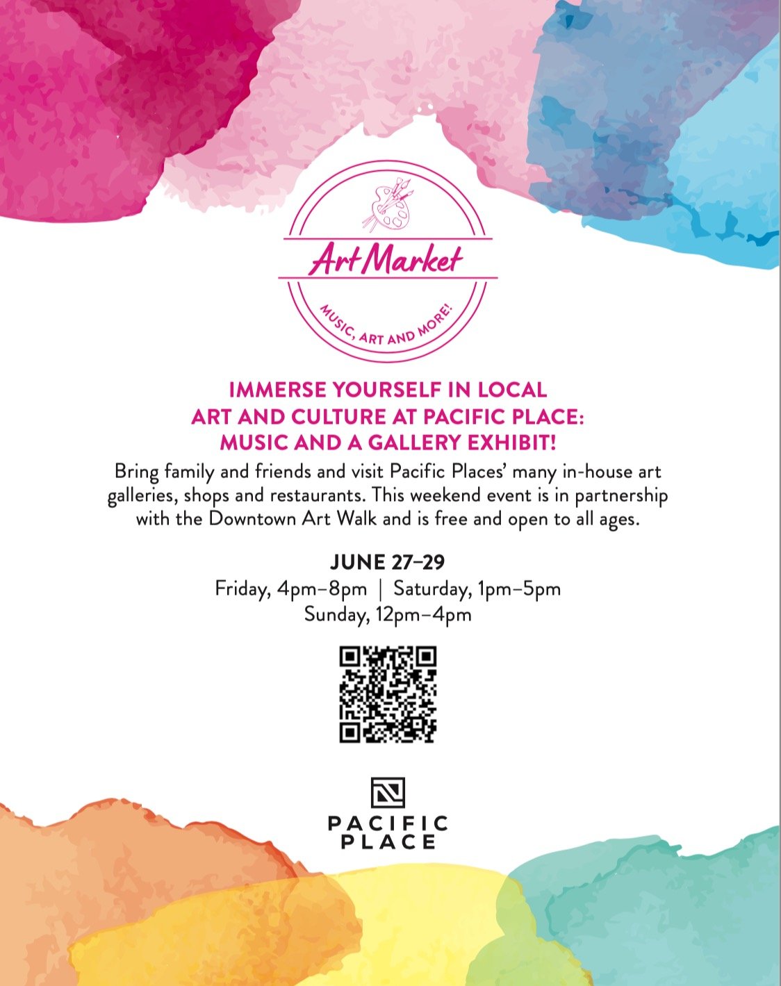 Here we go again: Don't miss our next FREE 3-day art celebration hosted on the main floor at Pacific Place. Kicking off during the Downtown Art Walk, this event features a group gallery exhibition, an art vendor market, DJ tunes, and community! Curat