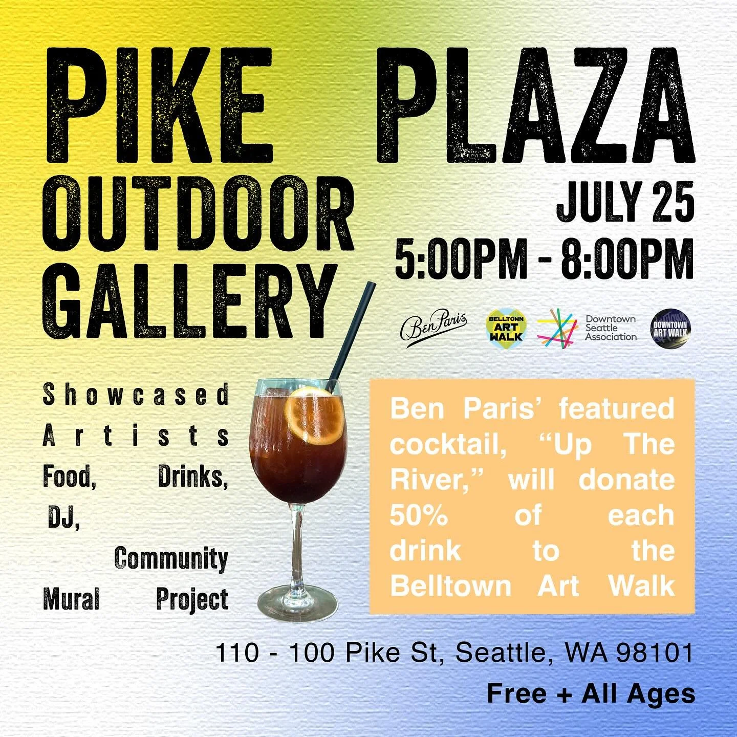 Come out and play on Friday, July 25th for a party in Pike Plaza right by The State Hotel &amp; Pike Place Market! This free, all ages event features an outdoor art gallery by local artists who created pieces during multiple live painting sessions in