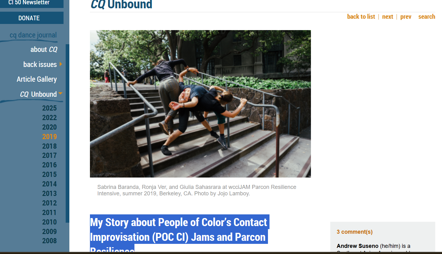 My Story about People of Color’s Contact Improvisation (POC CI) Jams and Parcon Resilience
by Andrew Suseno