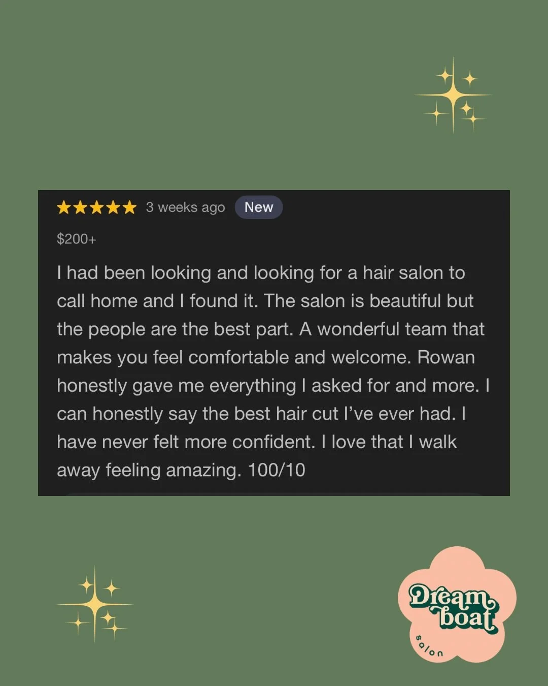 ✨ Feeling the love, big time ✨

Dreamboat Salon truly wouldn&rsquo;t be what it is without you &mdash; our incredible clients and community. Every kind word, every shared experience, every Google review means more to us than we can properly put into 