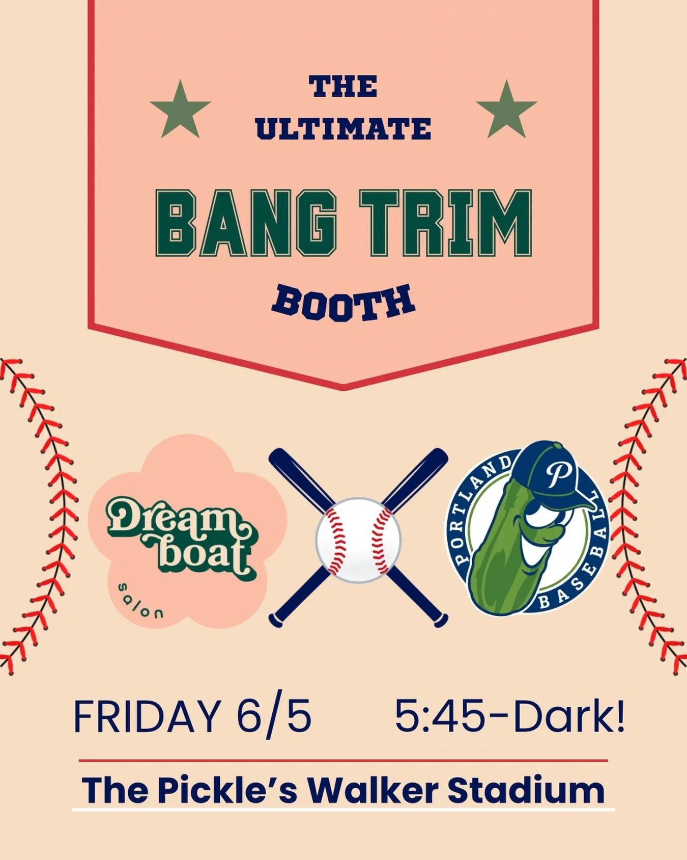 If you&rsquo;re headed to the @picklesbaseball game tomorrow night, Friday 6/5, come find the Dreamboat booth ✂️

We&rsquo;re offering free bang trims and hair tinsel from 5:45 until dark &mdash; whether you&rsquo;re a regular or you&rsquo;ve just he