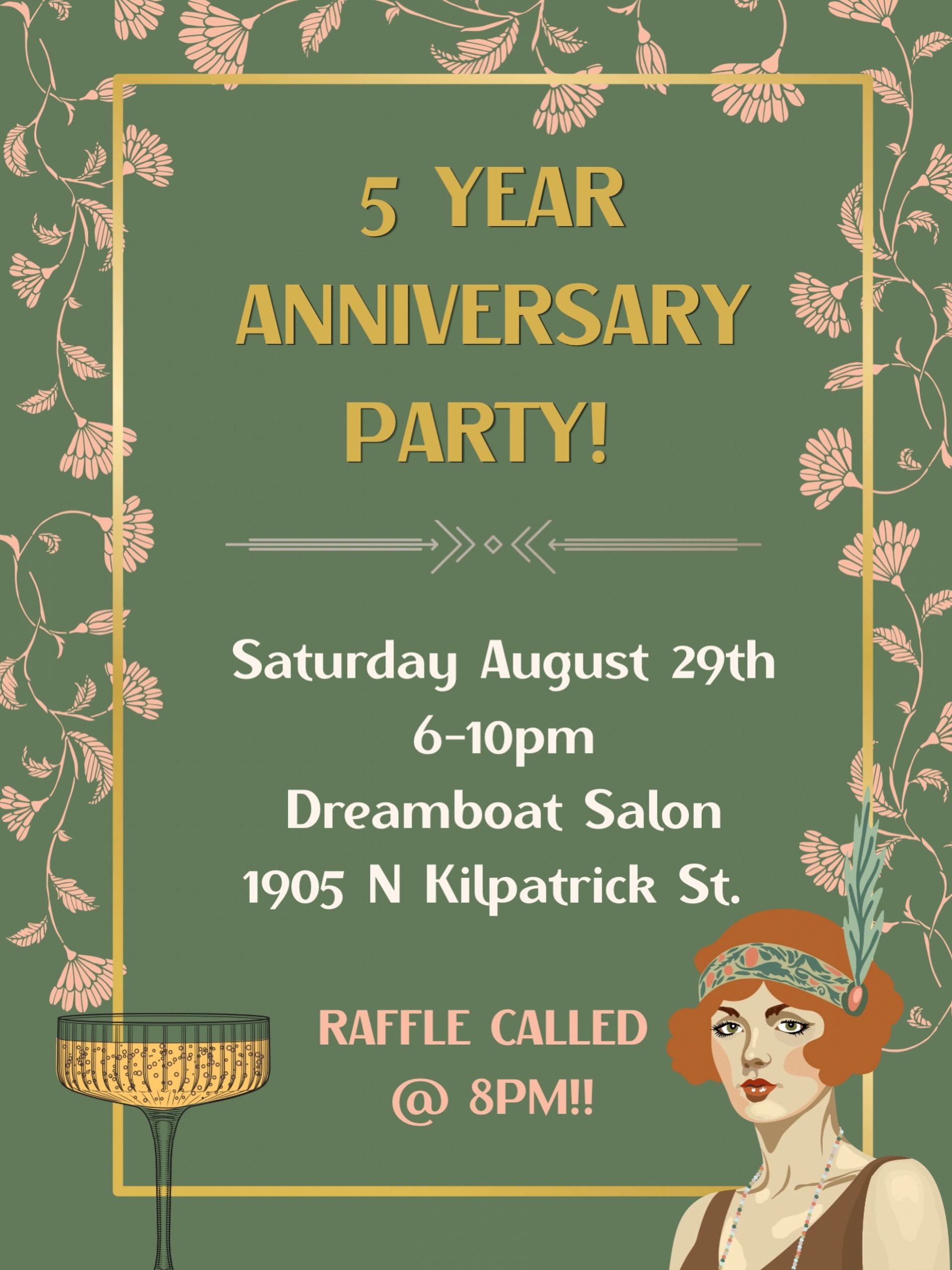 ✨ DREAMBOAT TURNS FIVE! ✨🥂

Come celebrate 5 years of Dreamboat Salon with us TOMORROW NIGHT! 🎉

📍 Dreamboat Salon
🗓 Saturday, August 29
⏰ 6&ndash;10 PM
🎟️ Raffle drawing at 8 PM

We have an AMAZING lineup of raffle prizes from local makers and 