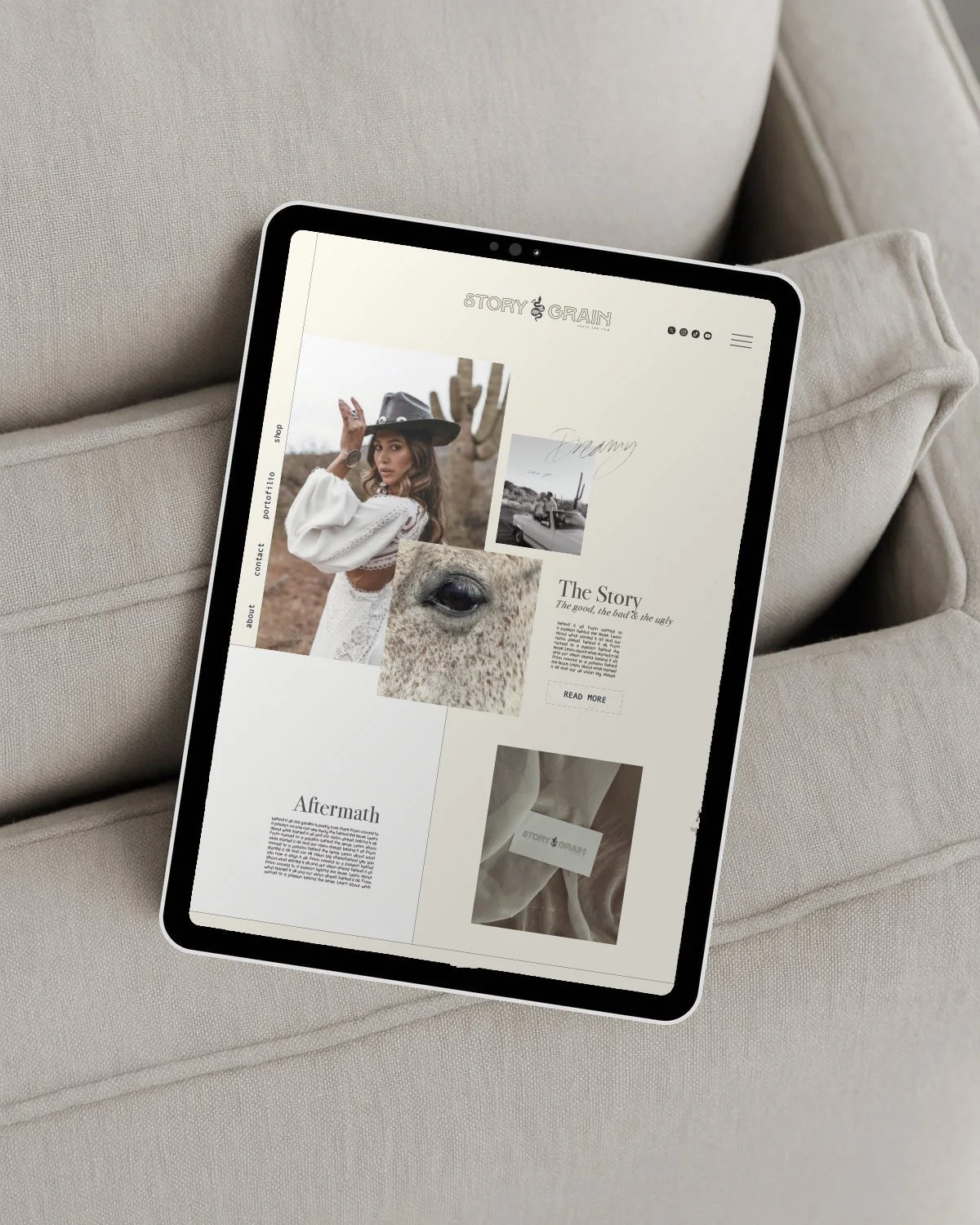 Custom website design. Photography website. Create your dream website with Kissthesky co owner Maggie Maeve. cowboy hat, a close-up of an animal's eye, a vintage car, and artwork, resting on a light-colored fabric surface. Custom logo design. Brand