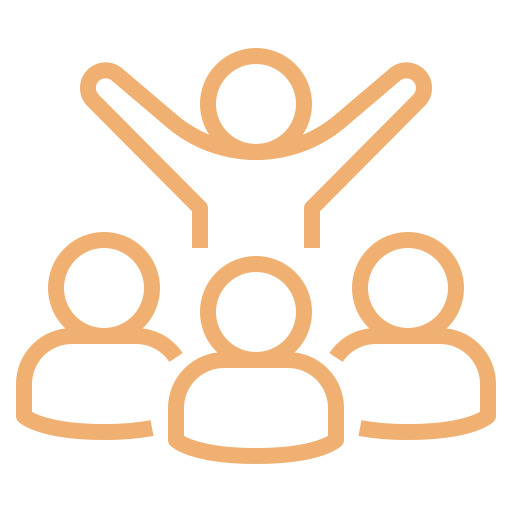 Outline of a person standing with arms raised, surrounded by three seated people, symbolizing a leader or presenter addressing an audience.