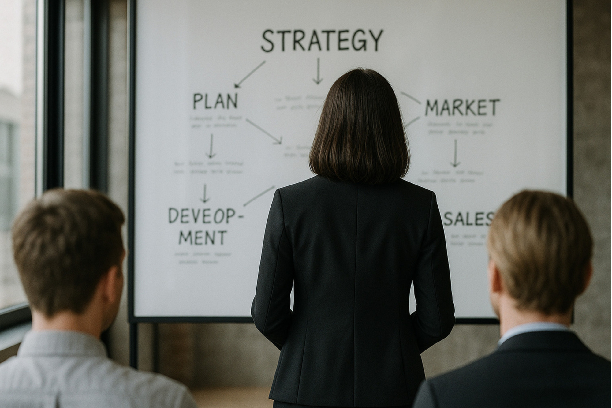 A woman in a black blazer giving a presentation on business strategy to two men in suits, with a whiteboard displaying a strategy diagram including blocks labeled Plan, Market, Development, and Sales.