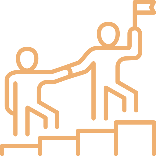 A simple line drawing of two people, one helping the other up stairs towards a flag at the top, symbolizing achievement or success.