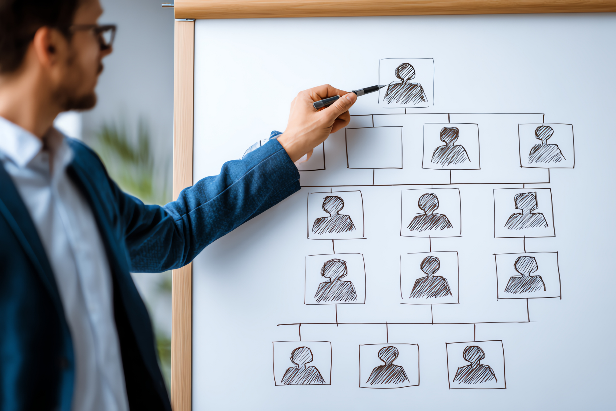A man in a suit and glasses drawing an organizational chart on a whiteboard.
